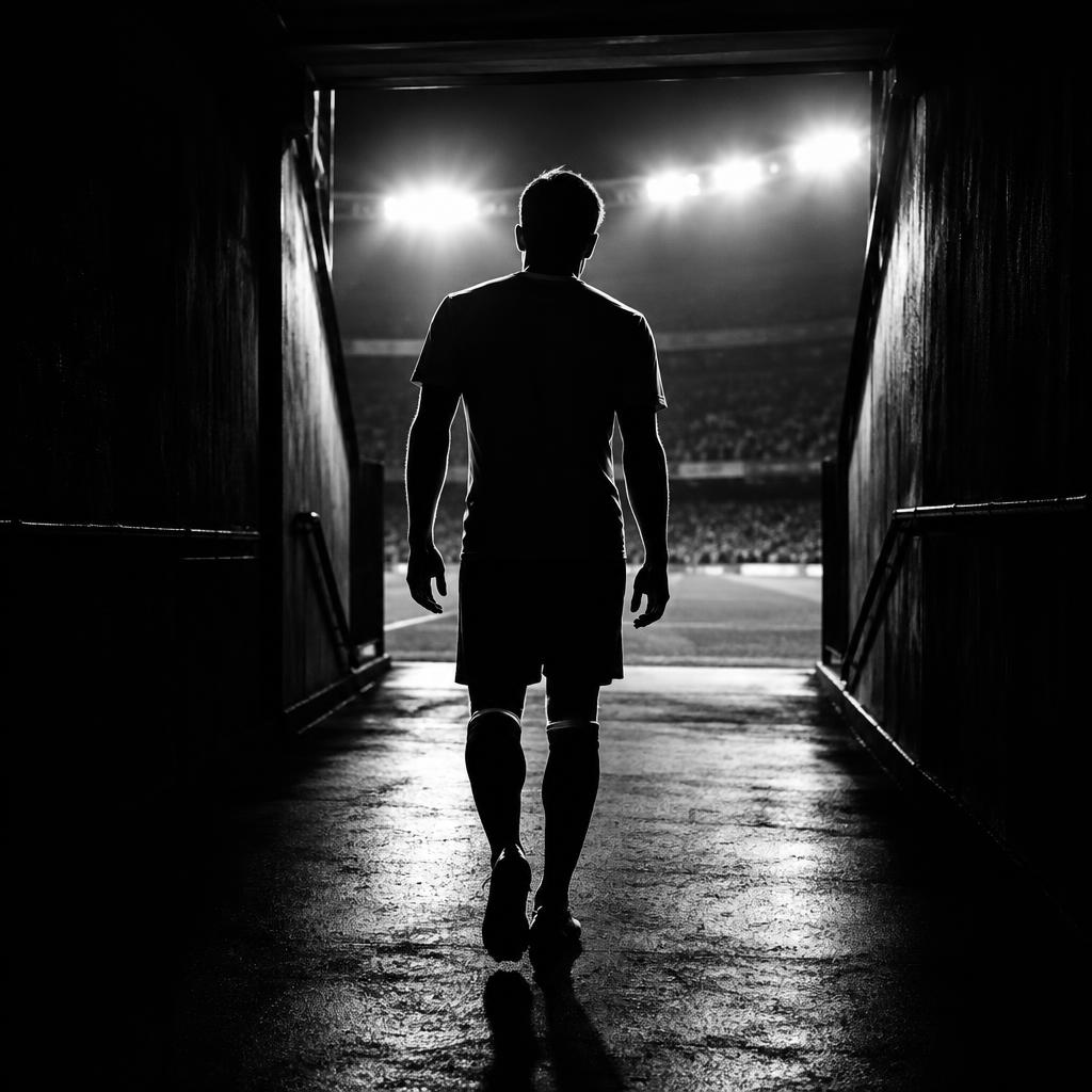 Footballer walking out of a floodlit stadium tunnel
